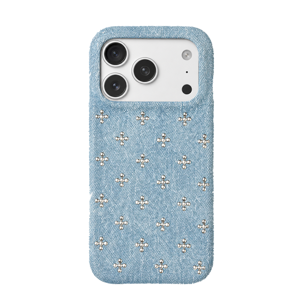 Washed Denim iPhone Case with Pearl Floral Detail