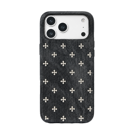 Washed Denim iPhone Case with Pearl Floral Detail