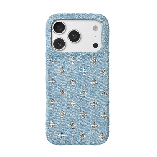 Washed Denim iPhone Case with Pearl Floral Detail